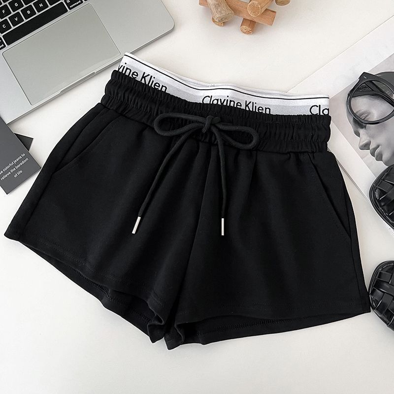 Women's High-Waisted Slimming Faux Two-Piece Set Drawstring Elastic Shorts Casual Sports Pants Hot Summer Style Letter Print_ecoleips.com