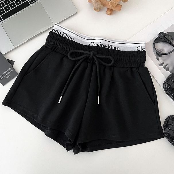 Women's High-Waisted Slimming Faux Two-Piece Set Drawstring Elastic Shorts Casual Sports Pants Hot Summer Style Letter Print_ecoleips.com