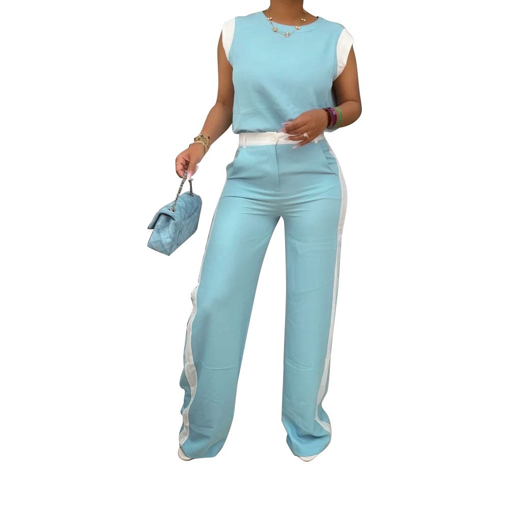 Women's Clothing Casual Wide Leg Pants Set With Color Block Short Sleeve Top - Summer Two Piece Outfit_ecoleips.com