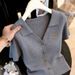 Soft V-Neck Knit Top – Breathable & Office-Ready (Premium Gray) | Summer Workwear Essential Skin-Friendly Fabric_ecoleips.com