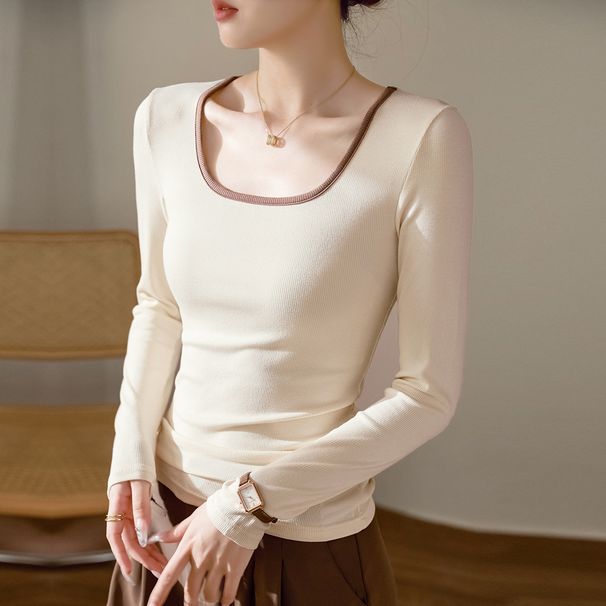 2025 High Elasticity Fine Thread Cotton Square Neck T-Shirt Women's Long Sleeved 2025 Autumn And Winter New Item Shoulder_ecoleips.com