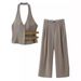 Women's Clothing With Belt Backless Halter Neck Vest Top + Trousers Suit For Women_ecoleips.com