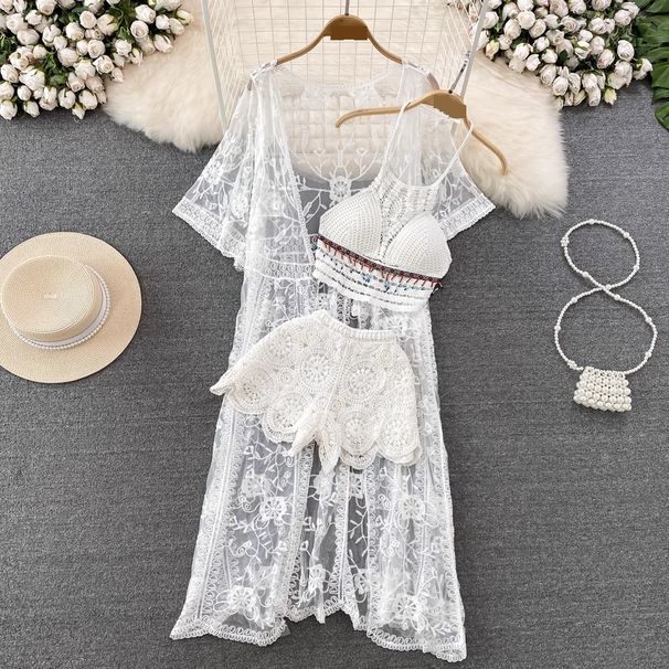 Women's Clothing Mid Length Sun Protection Cardigan Camisole Wide Leg Shorts Three Piece Suit_ecoleips.com