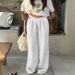 Women's Clothing Solid Color Elastic Cotton And Linen Drawstring Street Style Trousers, White Casual Straight Leg Floor Length Trousers_ecoleips.com
