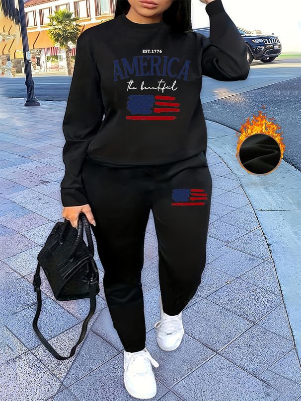 Women's Autumn/Winter Hip Hop Casual Street American Flag Pattern Printed Round Neck Sweatshirt+Sweatpants Set-513_ecoleips.com