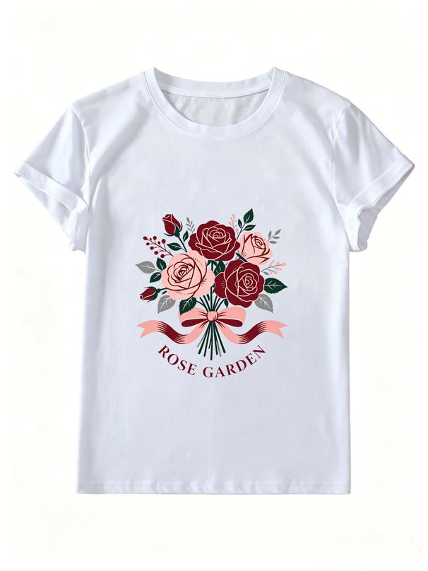 Women Crew Neck Short Sleeve T Shirt Rose Garden Bouquet Bow Floral Graphic Tee Vintage Botanical Cottagecore Loose Casual Summer Streetwear Tops_ecoleips.com
