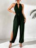 Women's Clothing Solid Color V Neck Halter Elastic Waist Belt Slit Leg Fashionable Casual Jumpsuit_ecoleips.com