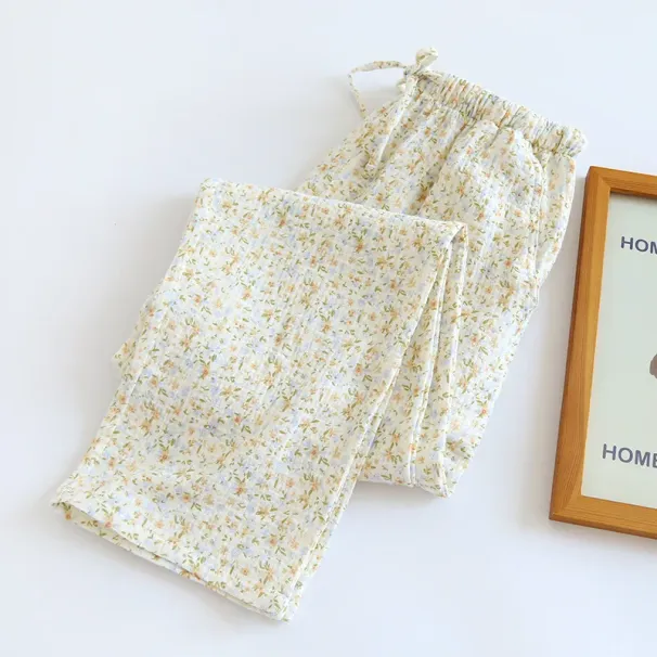 Floral Printed Pajama Pants For Women Cotton Double Layered Spring And Summer Single Oversized Pants For Women Sleepwear_ecoleips.com