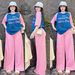 Women's Clothing Fashion Summer Two Piece Set Letter Print Color Block Short Sleeve Top With Slimming Wide Leg Pants_ecoleips.com