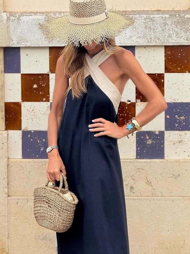Women's Off-Shoulder Patchwork Dress Summer Fashion Loose Fit Sleeveless Home Loose_ecoleips.com