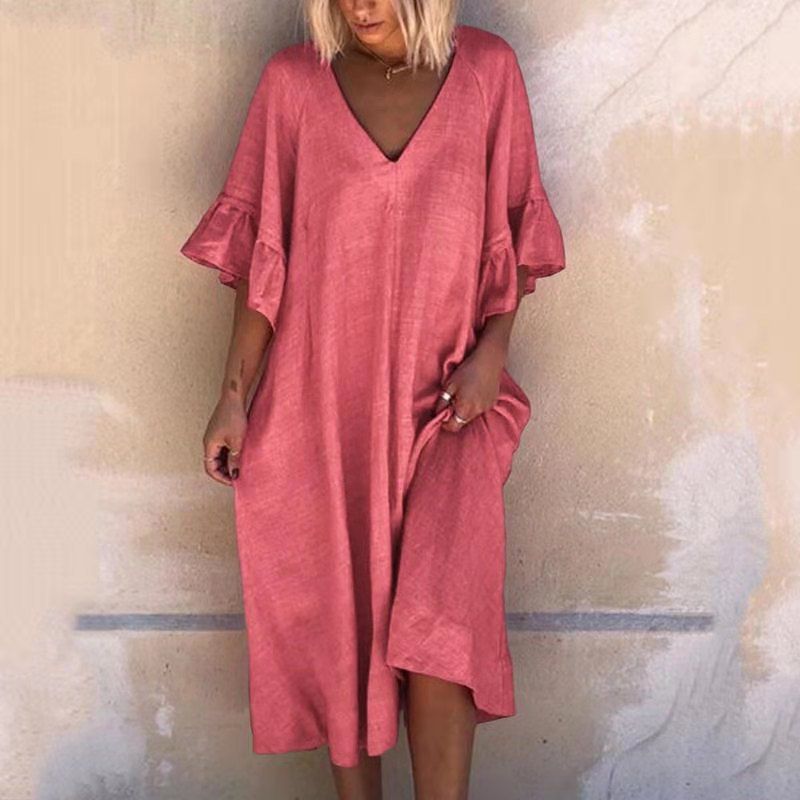 New Explosive Solid Color Sexy V-Neck Patchwork Loose Fitting Dress_ecoleips.com