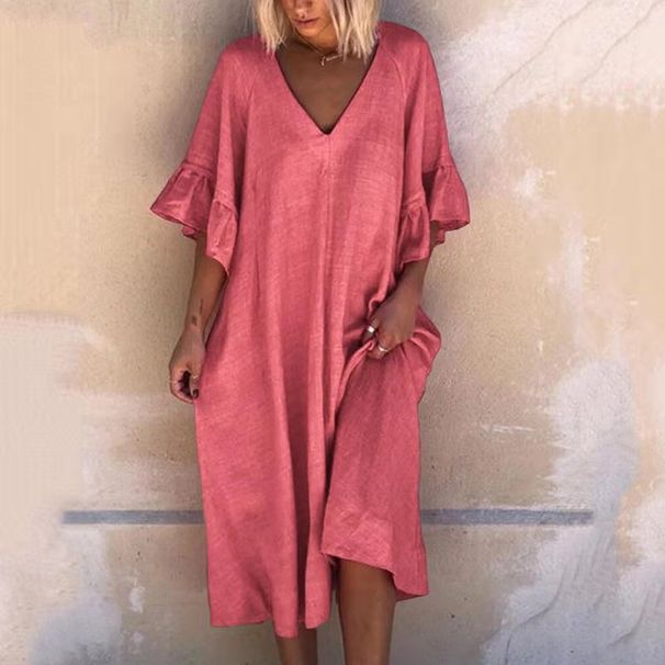 New Explosive Solid Color Sexy V-Neck Patchwork Loose Fitting Dress_ecoleips.com