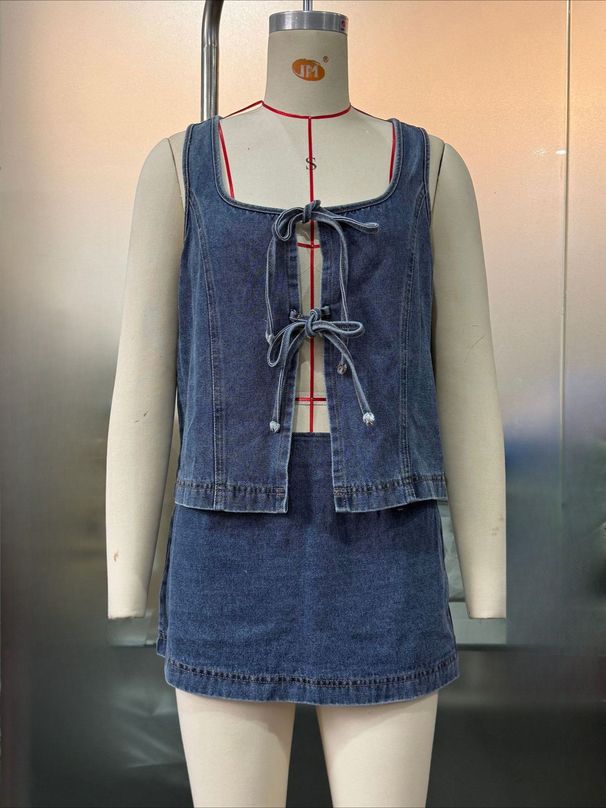 K Sexy Spicy Girl Women's Sleeveless Lace Up Denim Vest Shorts Denim Suit_ecoleips.com
