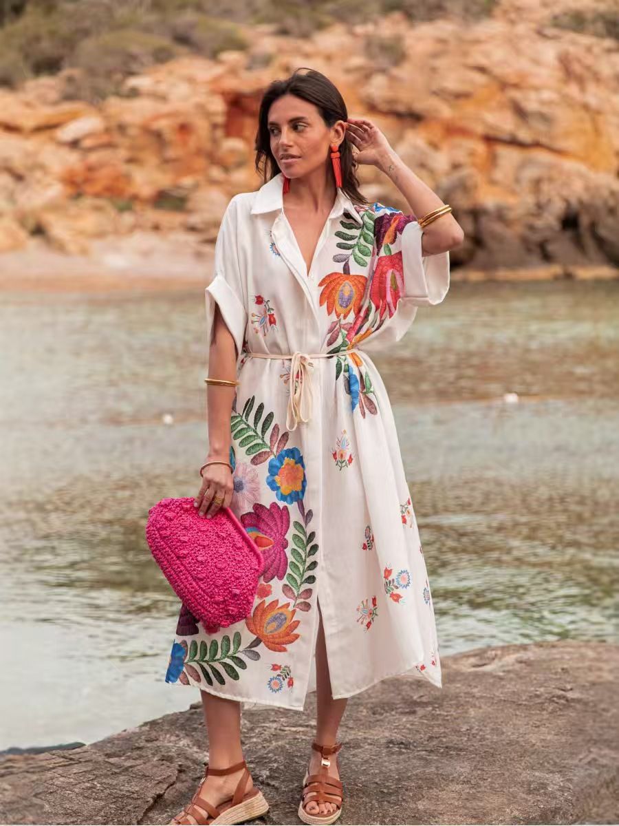Women's 3D Floral Embroidered Beach Cover-Up Lightweight Loose Fit Versatile Polyester Top for Resort Wear_ecoleips.com