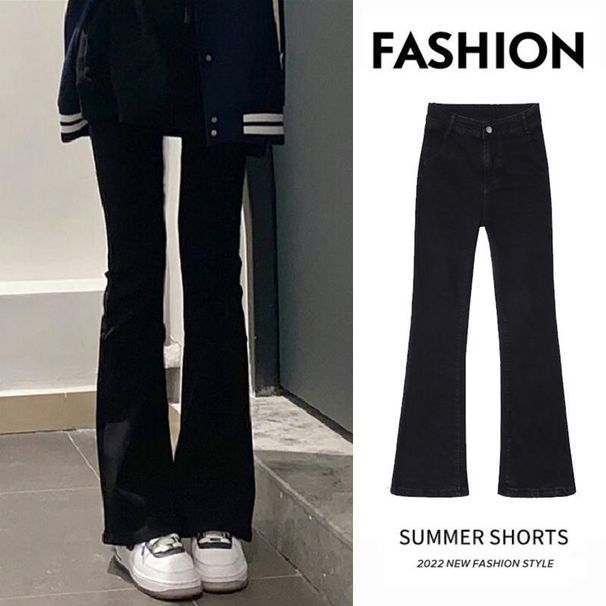 Black Straight-leg Jeans Petite Women, Plus Size, Loose Fit, Slimming, High-waisted, Wide-leg, Slightly Flared, Long_ecoleips.com