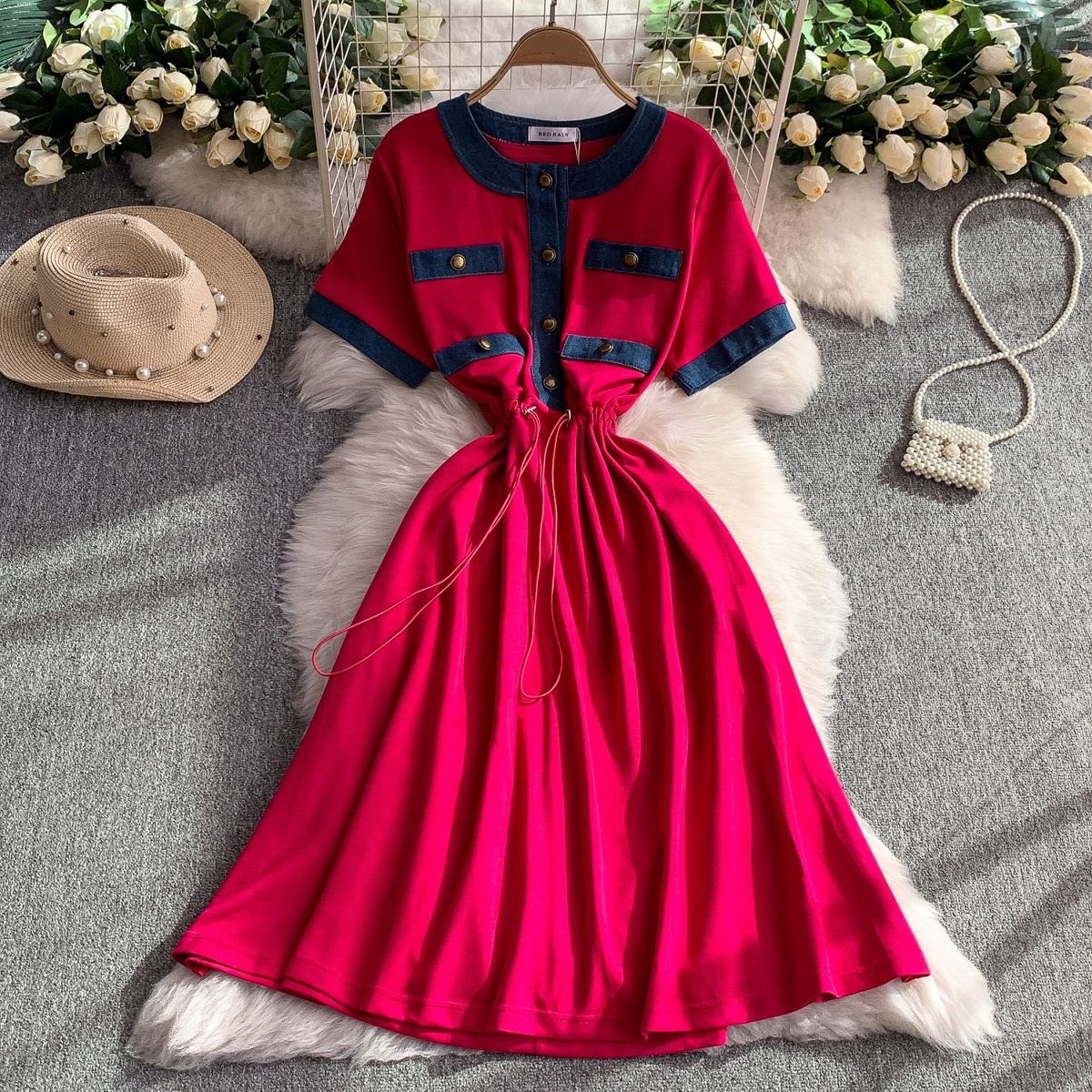 Women's Clothing Contrast Color Denim Stitching Round Neck Short Sleeved Dress With Drawstring Waist And Slim Mid Length Skirt_ecoleips.com