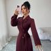 Elegant British Style Autumn Winter Dress For Women - Mid-Length Office Wear With Notched Collar & Button Detail (Available In S/M/L/XL, Dark Red)_ecoleips.com