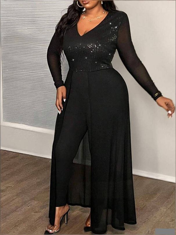 Plus-Size Elegant V-Neck Jumpsuit With Sequin & Mesh Panels – Long-Sleeve One-Piece Romper (0XL-5XL)_ecoleips.com