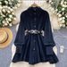 Women's Chic Retro Denim Dress Hong Kong Style Slimming Loose Fit With Irregular Belted Waist For Casual Spring Wear_ecoleips.com