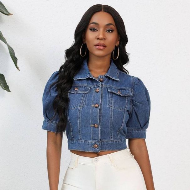 K New Short Sleeved Denim Jacket For Women With Bubble Sleeves_ecoleips.com