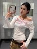 Women's Clothing Women's Early Autumn Off-Shoulder T-Shirt Letter Print Sheer Thin Sun Protection Cover Up Pure Elegant Lazy Top For Clothing_ecoleips.com