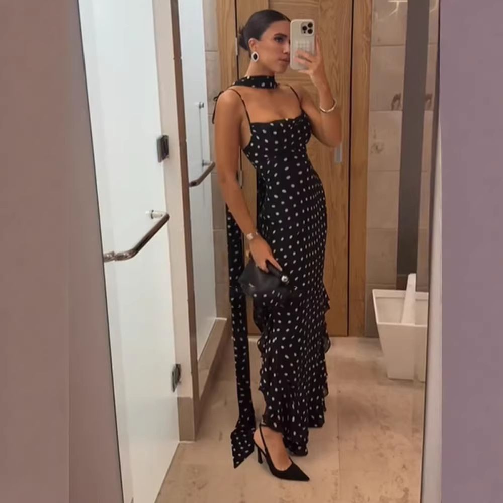 Women's Clothing Elegant Sleeveless Polka Dot Dress Scarf Collar Ruffled Summer Style Women's Clothing For Formal & Casual For Women_ecoleips.com