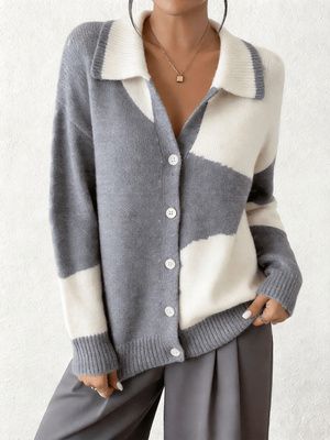Gray White Patchwork Lapel Knit Cardigan Women Loose Long Sleeve Button Front Sweater_ecoleips.com