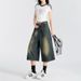 Women's American Retro Distressed Blue Cropped Jeans Summer Thin Loose Fit Mid-Length Over The Knee Wide Leg Shorts_ecoleips.com