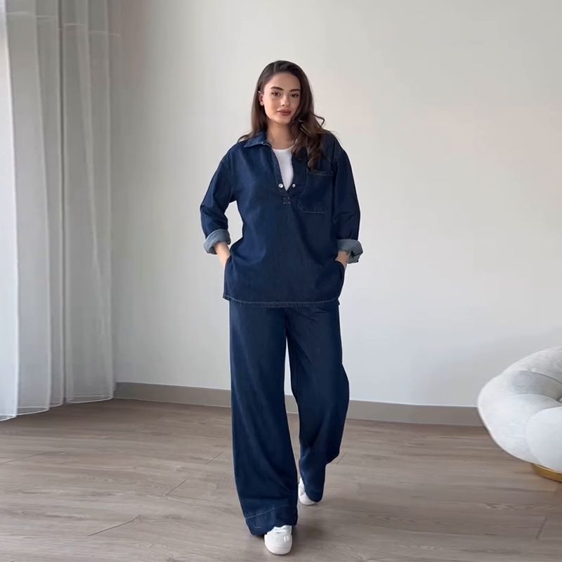 Women's Clothing Loose Casual Long Sleeved Tops Wide Leg Pants Denim Suits_ecoleips.com