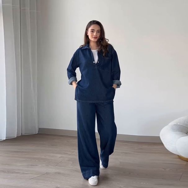 Women's Clothing Loose Casual Long Sleeved Tops Wide Leg Pants Denim Suits_ecoleips.com