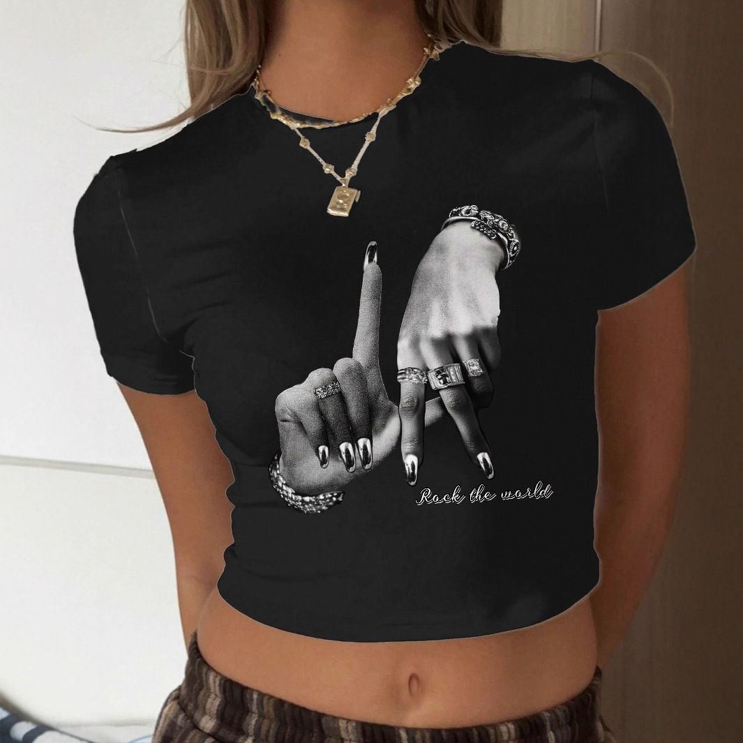 Cross-Border European And Hot-Selling American Style Hot Girl Gesture Print Summer Slim-Fit Crop Top Wholesale_ecoleips.com