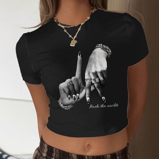 Cross-Border European And Hot-Selling American Style Hot Girl Gesture Print Summer Slim-Fit Crop Top Wholesale_ecoleips.com