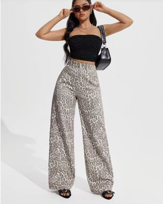 Women's High-Waisted Slimming Straight Leg Jeans Leopard Print European American Style Denim for Women_ecoleips.com