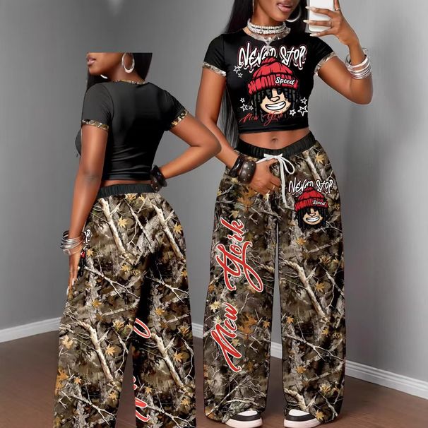 Women's Style Printed Two Piece Set Cropped Short Sleeved Wide Leg Pants Tight Fitting Sexy Top Set_ecoleips.com