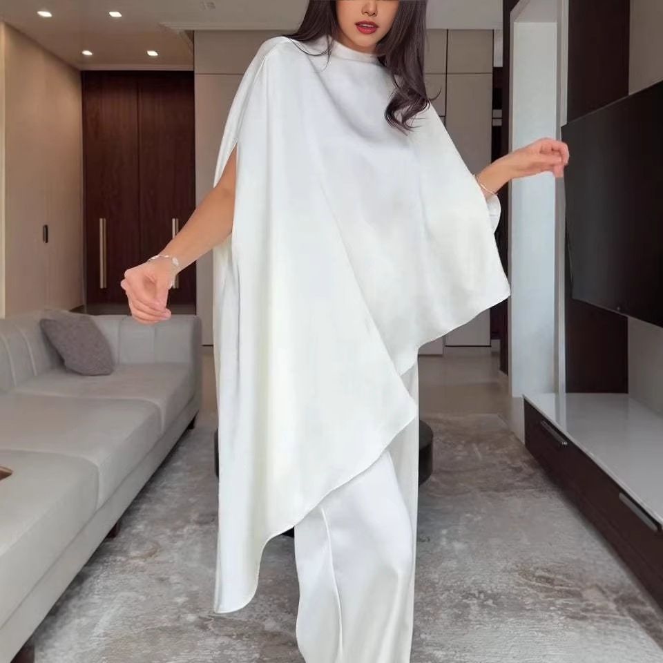 New Women's Fashion Satin Set Designer Shawl Top And Wide Leg Pants Irregular Two Piece Ensemble_ecoleips.com