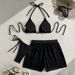 Women's Slimming Solid Color Bikini Set 3-Piece Adjustable Ties High-Waisted Swimwear for Beach Vacation_ecoleips.com