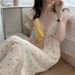 Mid-Length Nightdress With Chest Pads For Women, Summer Fly Sleeve Lace Trim High-End Floral V-Neck Pure Desire Style_ecoleips.com