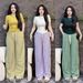 Women's Clothing Asian Style Summer T-Shirt And Wide Leg Pants Set Solid Color Tight Short Sleeve Two-Piece Outfit_ecoleips.com