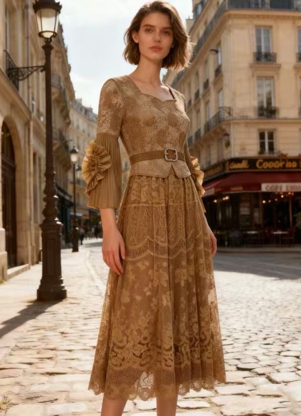 Autumn New Women's V Neck Dress Lace Mesh Embroidery Patchwork Faux Two Piece Long Cross Border Dress_ecoleips.com