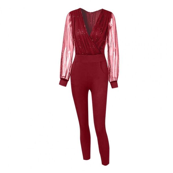 new solid color V neck mesh slim long sleeved jumpsuit trousers large stock_ecoleips.com