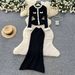 Women's Clothing Two Piece Suit Long Sleeve Sweater Skirt Set Autumn Collection French Contrast Metal Button Lotus Leaf Hem_ecoleips.com
