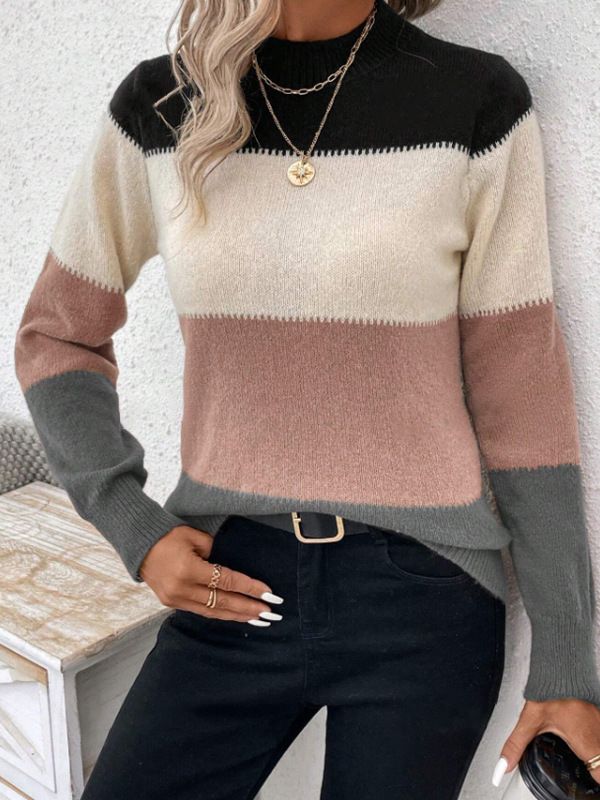 Women’s Color-Block Knit Sweater – Oversized Round Neck Long Sleeve Pullover | Cozy & Stylish (S-XL)_ecoleips.com