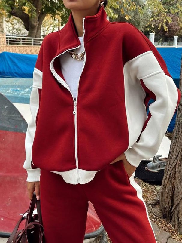 Women's Casual Retro Sports Two-Piece Set Long Sleeve Zipper Jacket Trousers Autumn Winter American Style Contrast Color_ecoleips.com