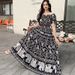 Women's Cotton Floral Off-Shoulder Long Dress Elastic Waist Summer Ethnic Style Bohemian Beach Dress_ecoleips.com