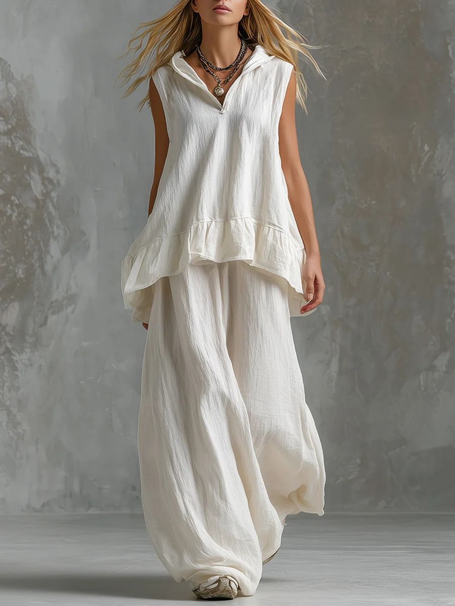 Women's Linen-Look Two-Piece Outfit Sleeveless Top And Wide-Leg Pants Set Breathable Elegant Minimalist Casual Style for Spring Summer_ecoleips.com