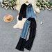 Casual Suit For Women Fashionable Design Splicing Hooded Sweatshirt High Waist Denim Splicing Wide Leg Pants Two Piece Set_ecoleips.com
