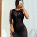 Women's Long Swimsuit Cover Up Beach Dress European American Style Solid Color Mesh Semi Sheer Bikini Beachwear_ecoleips.com