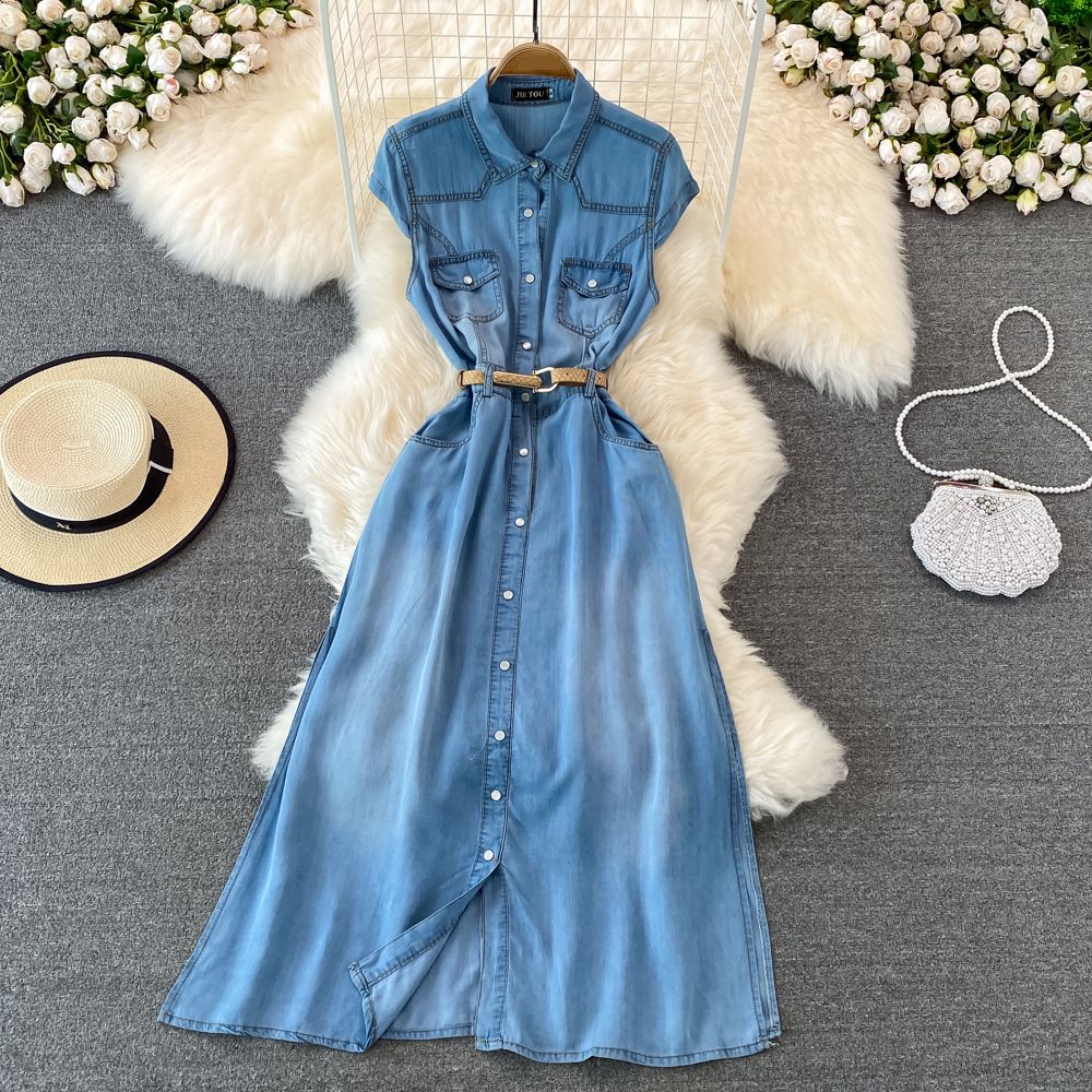 Women's Clothing Light Mature Style Sleeveless Denim Dress For Women Summer New Retro Waist Slimming A Line Shirt Long Skirt_ecoleips.com