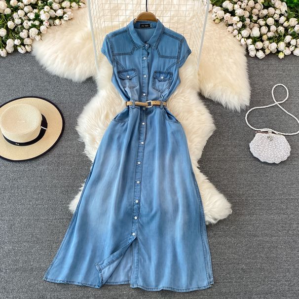 Women's Clothing Light Mature Style Sleeveless Denim Dress For Women Summer New Retro Waist Slimming A Line Shirt Long Skirt_ecoleips.com
