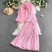 Elegant French-Style Blouse With 3D Floral Collar & Bubble Sleeves + High-Waist Slimming Pleated Skirt Set – Chic Two-Piece Outfit For Women_ecoleips.com
